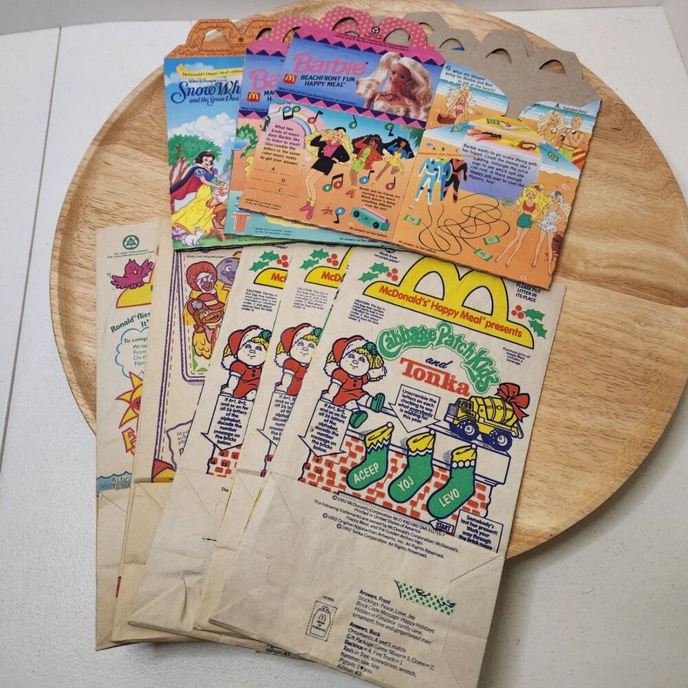 McDonald’s 1992 Happy Meal Bags & Boxes – Barbie, Tonka, Snow White, CPK